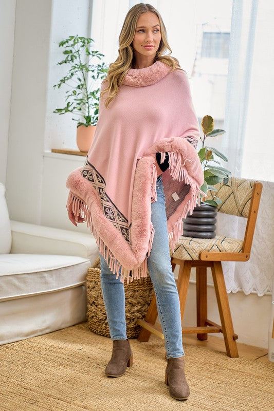 Pink Faux Fur Poncho Cape Coat Cloak Wrap