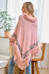 Pink Faux Fur Poncho Cape Coat Cloak Wrap