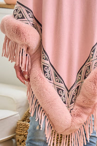 Pink Faux Fur Poncho Cape Coat Cloak Wrap