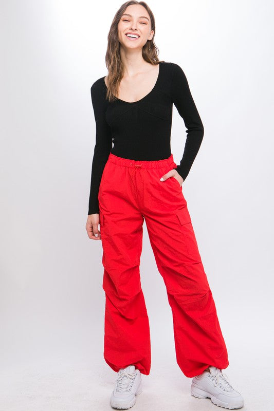 Tomato Red Loose Fit Parachute Cargo Pants