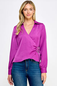 Bright Pink Satin V Neck Long Sleeve Tie Side Wrap Top