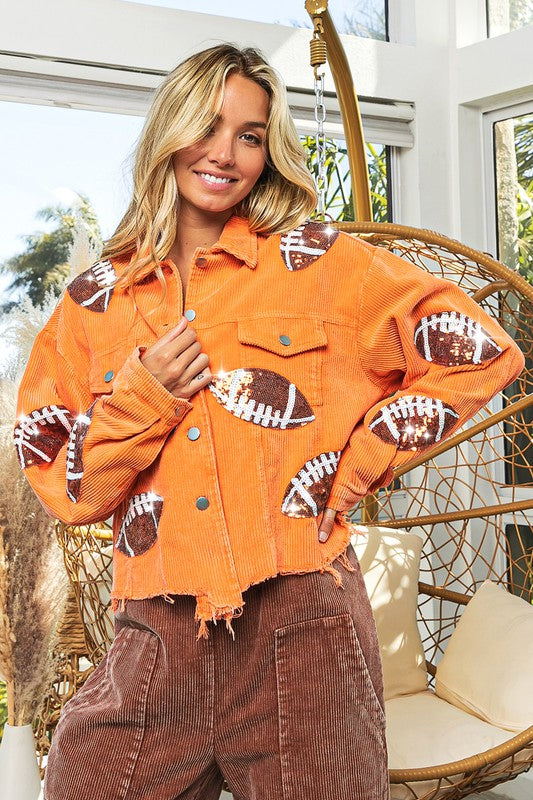 Orange Football Sequin Embroidery Washed Corduroy Jacket