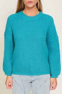 Teal Waffle Stitch Round Neck Sweater