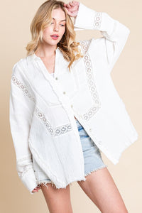 White Mineral Wash Trim Detail Button Down Top