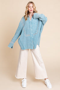 Blue Mineral Wash Trim Detail Button Down Top