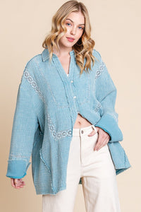 Blue Mineral Wash Trim Detail Button Down Top