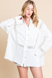 White Mineral Wash Trim Detail Button Down Top