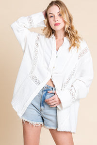 White Mineral Wash Trim Detail Button Down Top