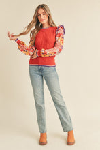 Brick Rust Mult Cable Knit Sweater Top With Woven Floral Sleeves