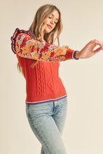 Brick Rust Mult Cable Knit Sweater Top With Woven Floral Sleeves