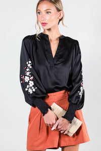 Black Floral Embroidery Detail Satin Blouse Top