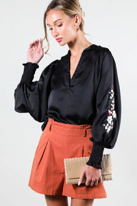 Black Floral Embroidery Detail Satin Blouse Top