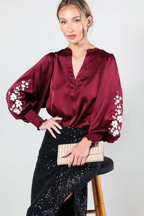 Wine Floral Embroidery Detail Satin Blouse Top