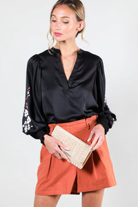 Black Floral Embroidery Detail Satin Blouse Top