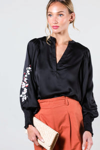 Black Floral Embroidery Detail Satin Blouse Top