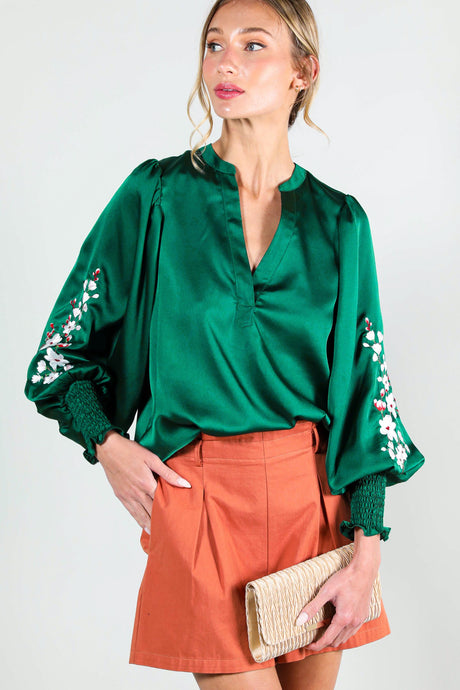 Hunter Green Floral Embroidery Detail Satin Blouse Top