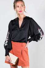 Black Floral Embroidery Detail Satin Blouse Top