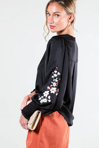 Black Floral Embroidery Detail Satin Blouse Top