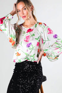 Champagne Puff Long Sleeve Floral Print Satin Blouse Top