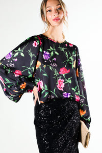 Black Puff Long Sleeve Floral Print Satin Blouse Top