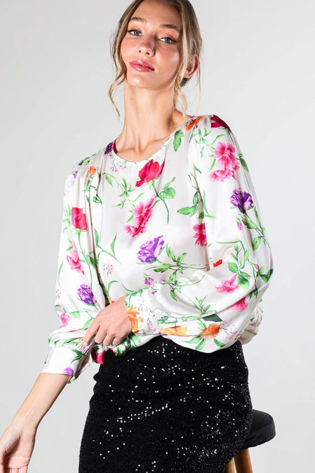 Champagne Puff Long Sleeve Floral Print Satin Blouse Top