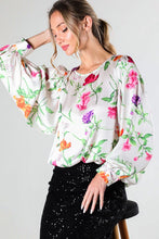 Champagne Puff Long Sleeve Floral Print Satin Blouse Top