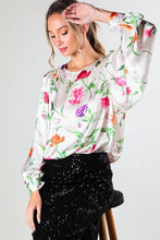 Champagne Puff Long Sleeve Floral Print Satin Blouse Top