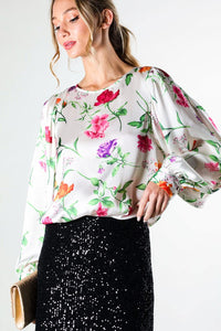 Champagne Puff Long Sleeve Floral Print Satin Blouse Top