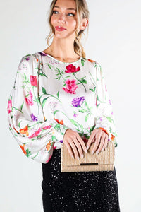 Champagne Puff Long Sleeve Floral Print Satin Blouse Top