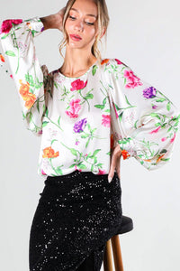 Champagne Puff Long Sleeve Floral Print Satin Blouse Top