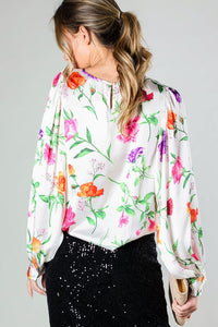 Champagne Puff Long Sleeve Floral Print Satin Blouse Top