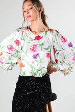 Champagne Puff Long Sleeve Floral Print Satin Blouse Top