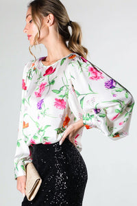 Champagne Puff Long Sleeve Floral Print Satin Blouse Top