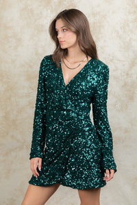 Green Sequin Glitter Holiday Party Wrap Mini Dress