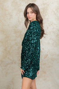 Green Sequin Glitter Holiday Party Wrap Mini Dress