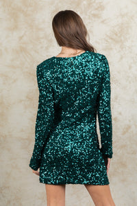 Green Sequin Glitter Holiday Party Wrap Mini Dress