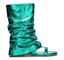 Blue Rhinestone Legging Boots Flat Sandals