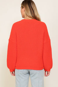 Red Waffle Stitch Round Neck Sweater