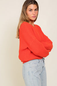 Red Waffle Stitch Round Neck Sweater