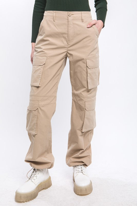 Khaki Cargo Pants With Button Closure & Multiple Pockets