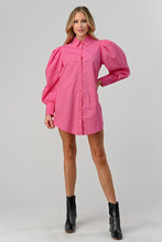 Fuchsia Poplin Puff Long Sleeve Tunic Shirt Dress