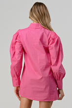 Fuchsia Poplin Puff Long Sleeve Tunic Shirt Dress