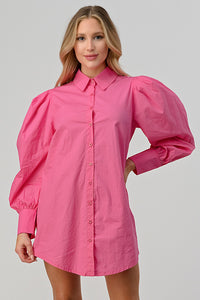 Fuchsia Poplin Puff Long Sleeve Tunic Shirt Dress