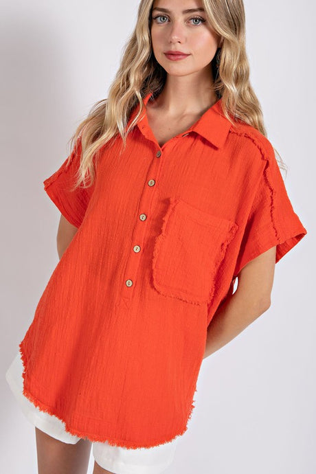 Tomato Raw Edge and Dolman Sleeve Popover Top