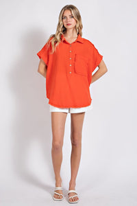 Tomato Raw Edge and Dolman Sleeve Popover Top