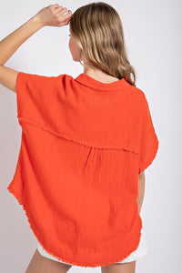 Tomato Raw Edge and Dolman Sleeve Popover Top