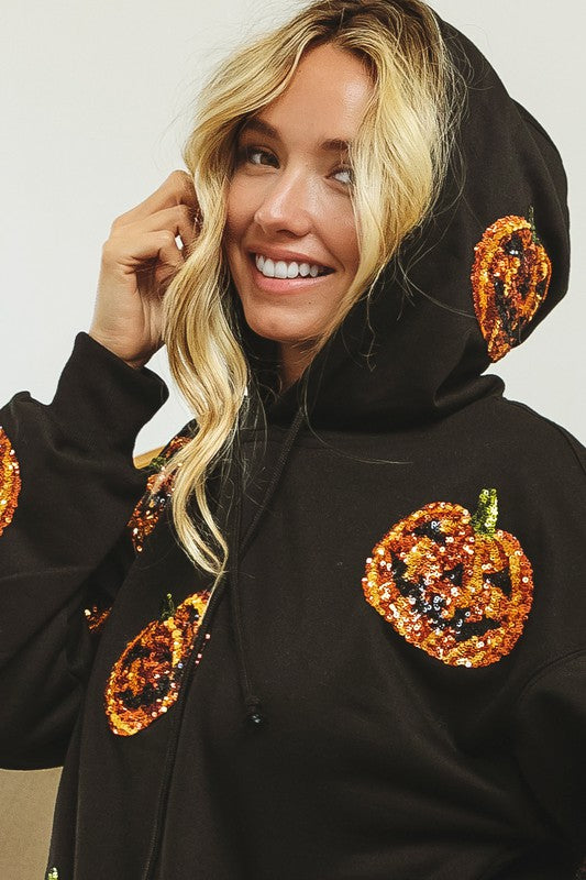 La Miel Sequin Pumpkin Patches Allover Hoodie