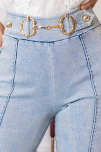 High Waist Denim Washed Stretch Pants