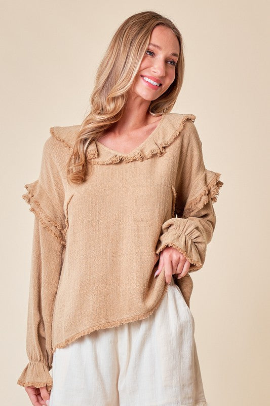 Sand Frayed Ruffle Blouse