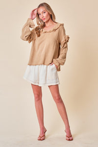 Sand Frayed Ruffle Blouse